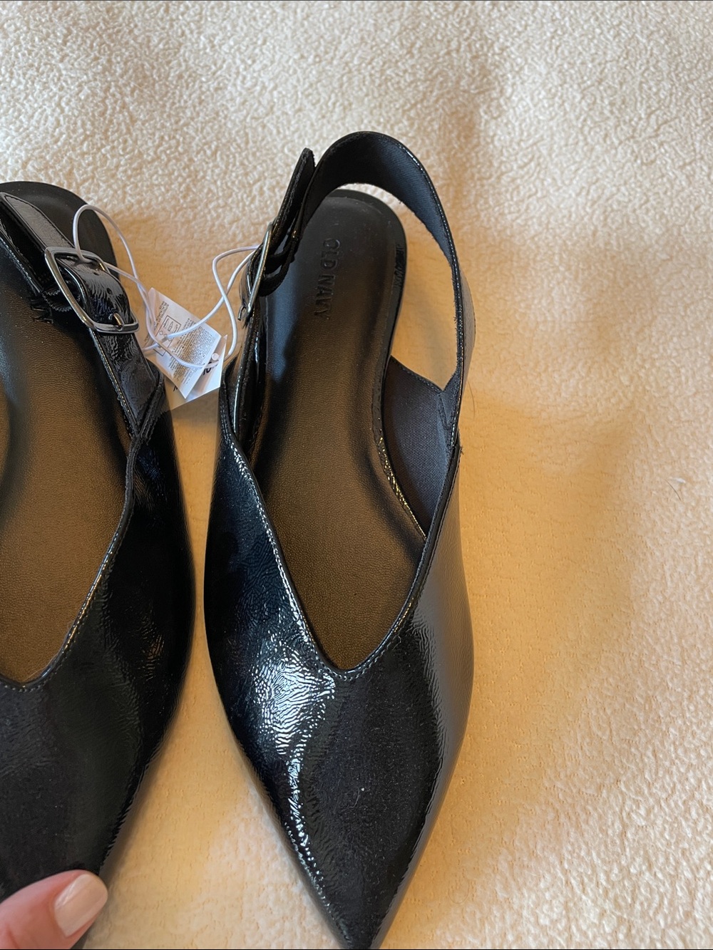 Black faux leather wide strap shoes